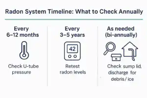 Radon System Maintenance Timeline Showing Annual And 5-Year Inspection Intervals.