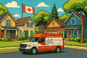 Radoncare Van Parked On A Street With Canadian Flag Behind.