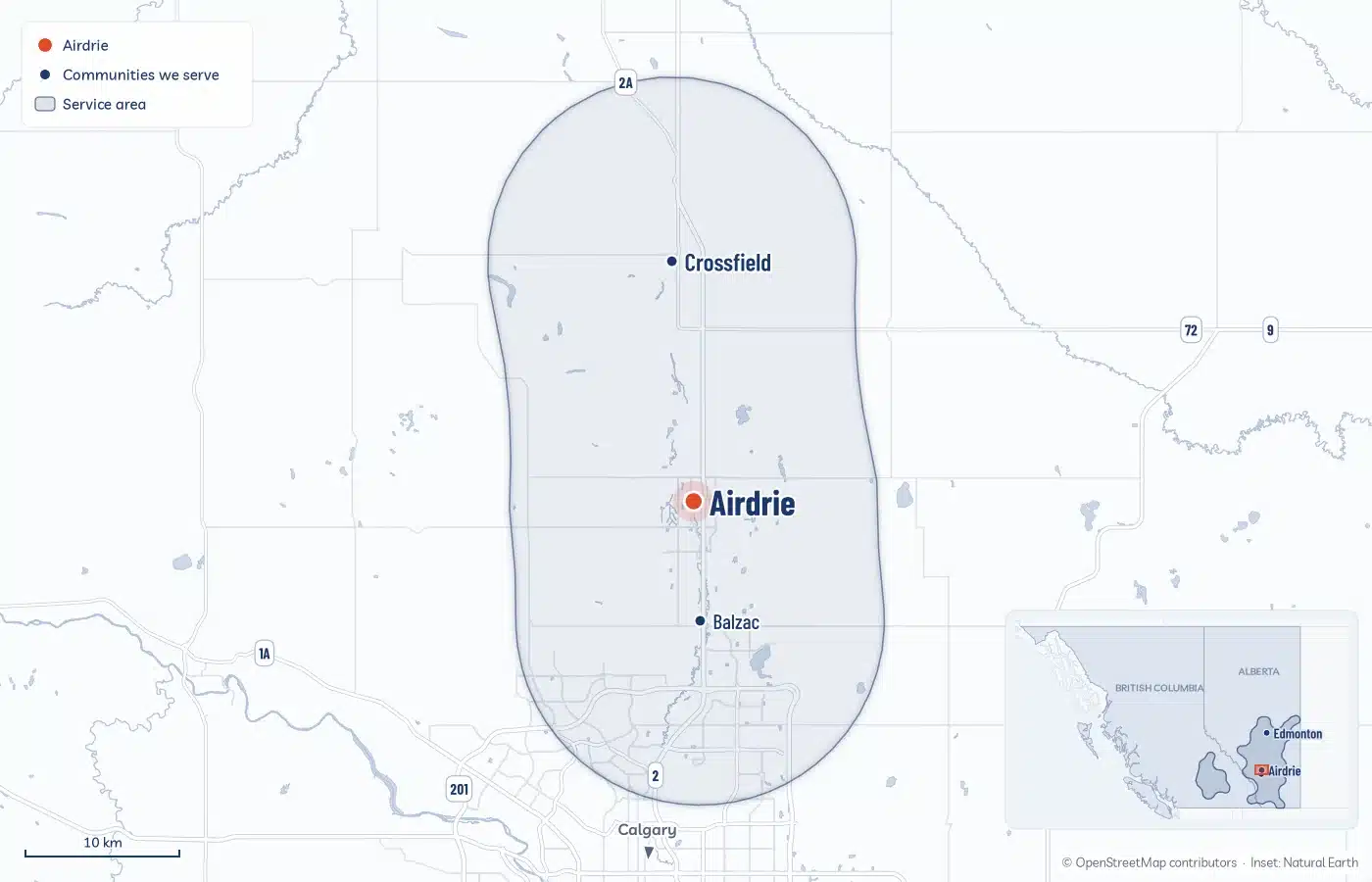Map Of The Area Radoncare Serves Around Airdrie, From Crossfield In The North To Balzac And The Edge Of Calgary In The South, With An Inset Of The Service Area Across Alberta And Bc