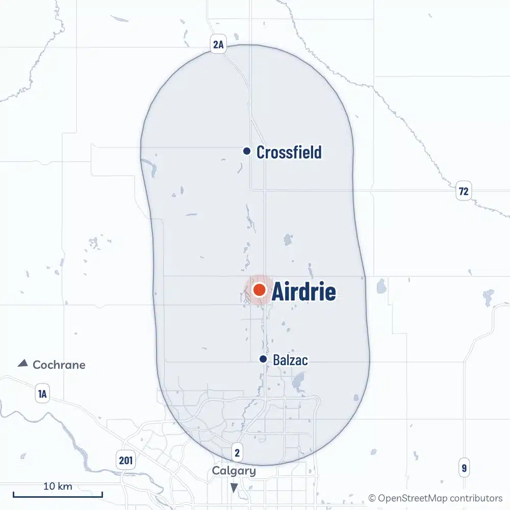 Map Of The Area Radoncare Serves Around Airdrie, From Crossfield In The North To Balzac And The Edge Of Calgary In The South, With An Inset Of The Service Area Across Alberta And Bc