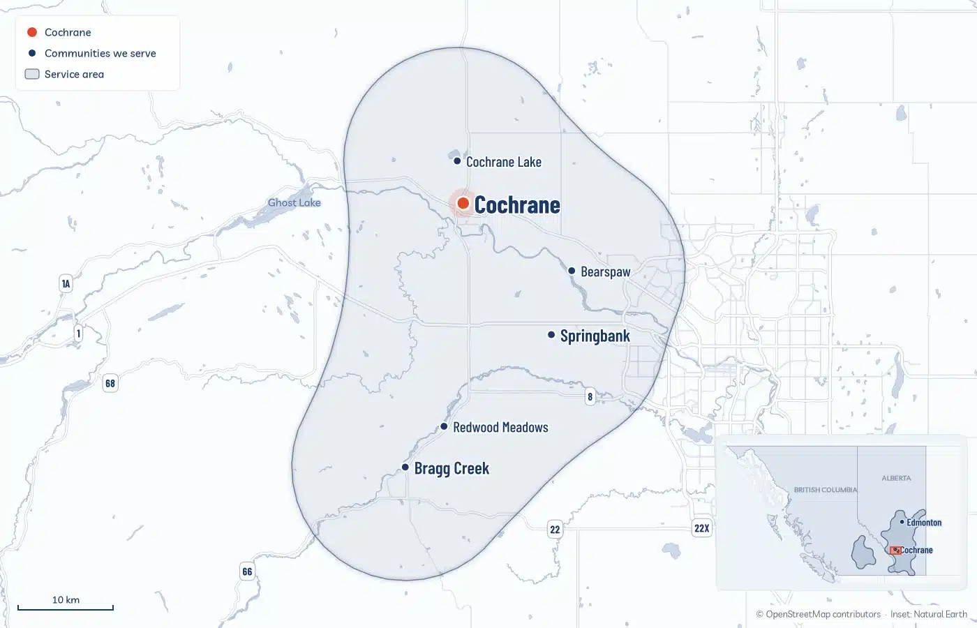 Map Of The Area Radoncare Serves Around Cochrane, From Bragg Creek And Springbank To Bearspaw And Cochrane Lake, With An Inset Of The Service Area Across Alberta And Bc
