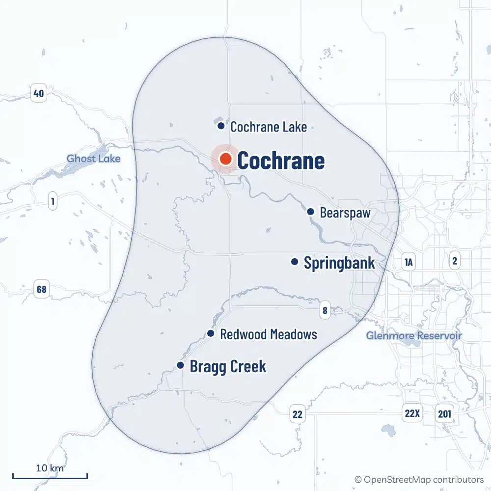 Map Of The Area Radoncare Serves Around Cochrane, From Bragg Creek And Springbank To Bearspaw And Cochrane Lake, With An Inset Of The Service Area Across Alberta And Bc