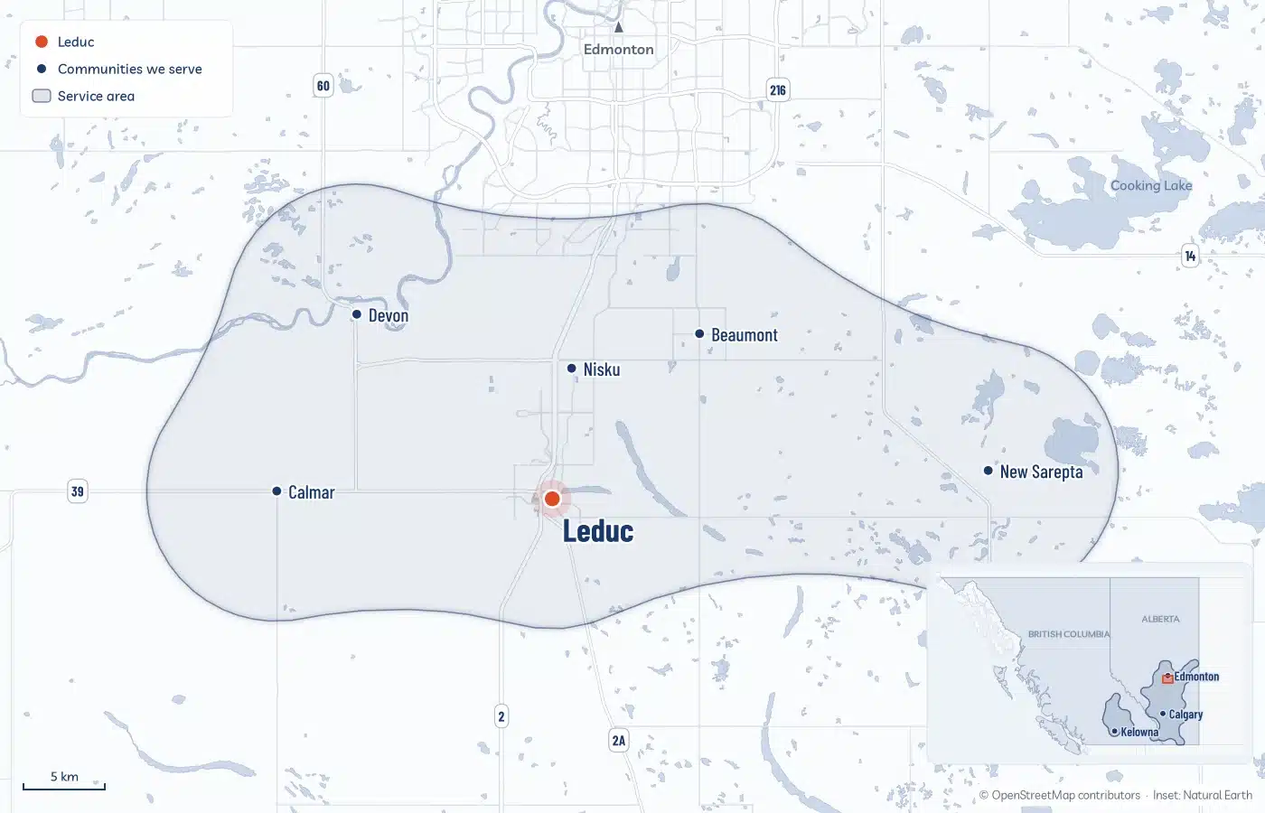 Map Of The Area Radoncare Serves Around Leduc, From Devon And Calmar To Nisku, Beaumont And New Sarepta, With Edmonton To The North And An Inset Of Radoncare'S Service Area Across Alberta And Bc