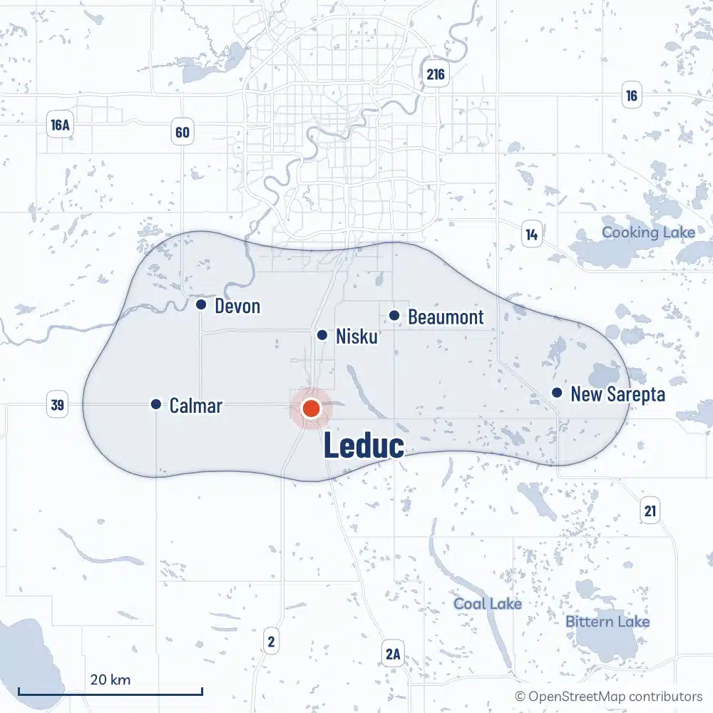 Map Of The Area Radoncare Serves Around Leduc, From Devon And Calmar To Nisku, Beaumont And New Sarepta, With Edmonton To The North And An Inset Of Radoncare'S Service Area Across Alberta And Bc