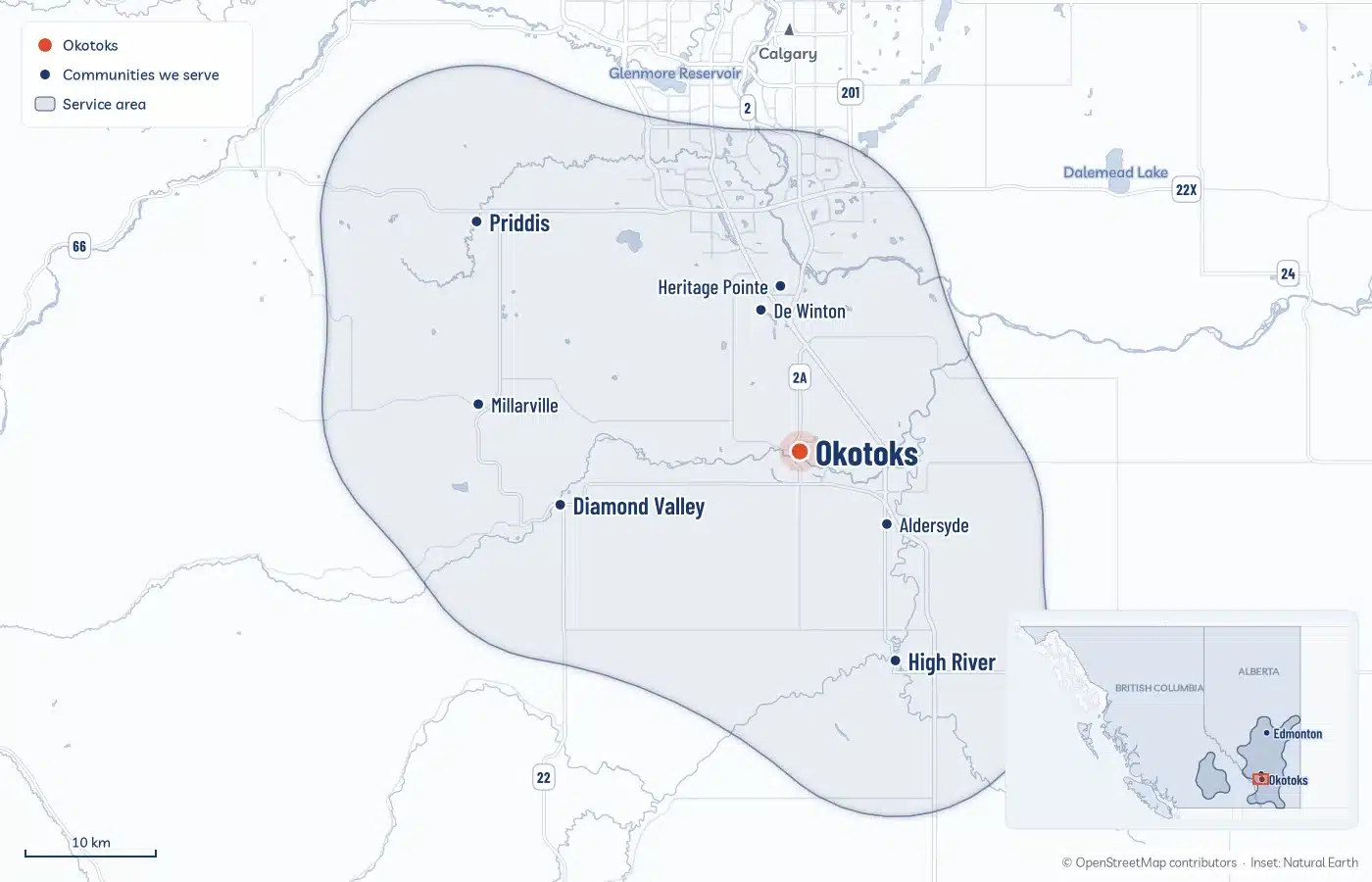 Map Of The Area Radoncare Serves Around Okotoks, From Priddis And De Winton In The North To High River In The South And Diamond Valley In The West, With An Inset Of The Service Area Across Alberta And Bc