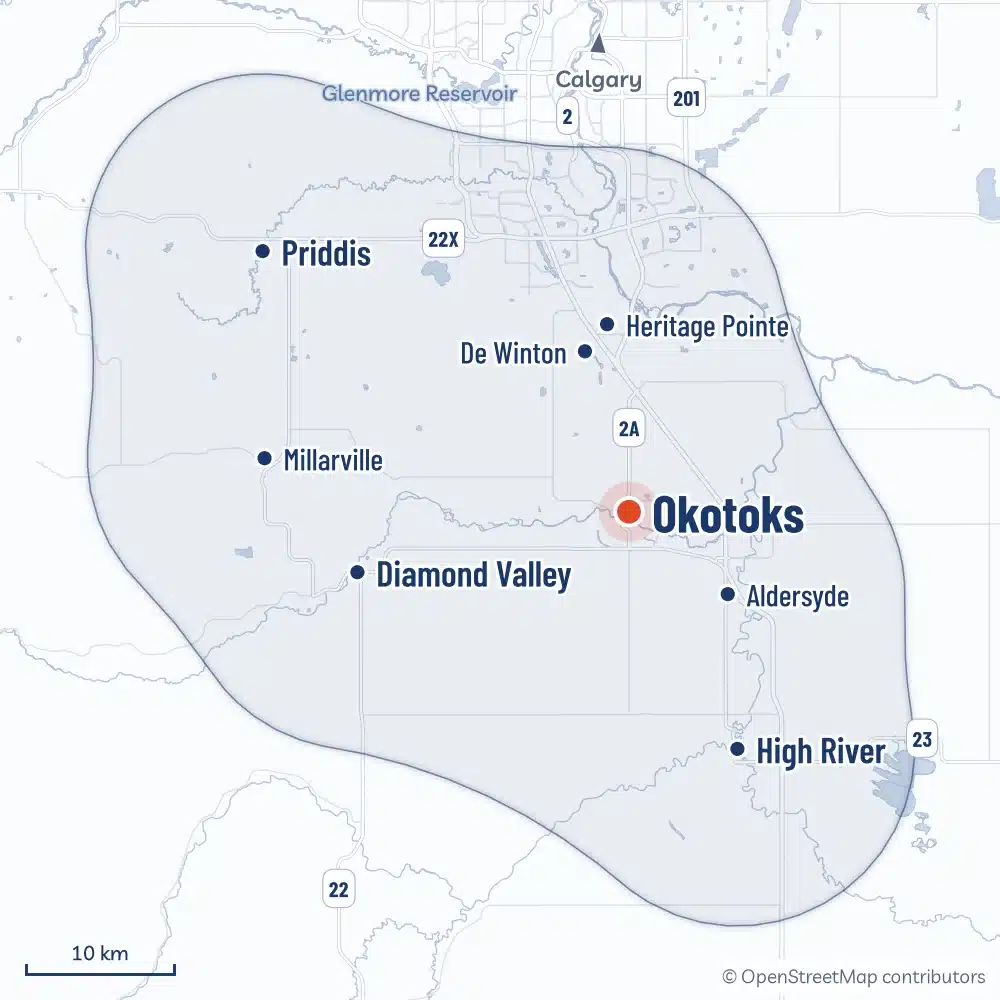 Map Of The Area Radoncare Serves Around Okotoks, From Priddis And De Winton In The North To High River In The South And Diamond Valley In The West, With An Inset Of The Service Area Across Alberta And Bc