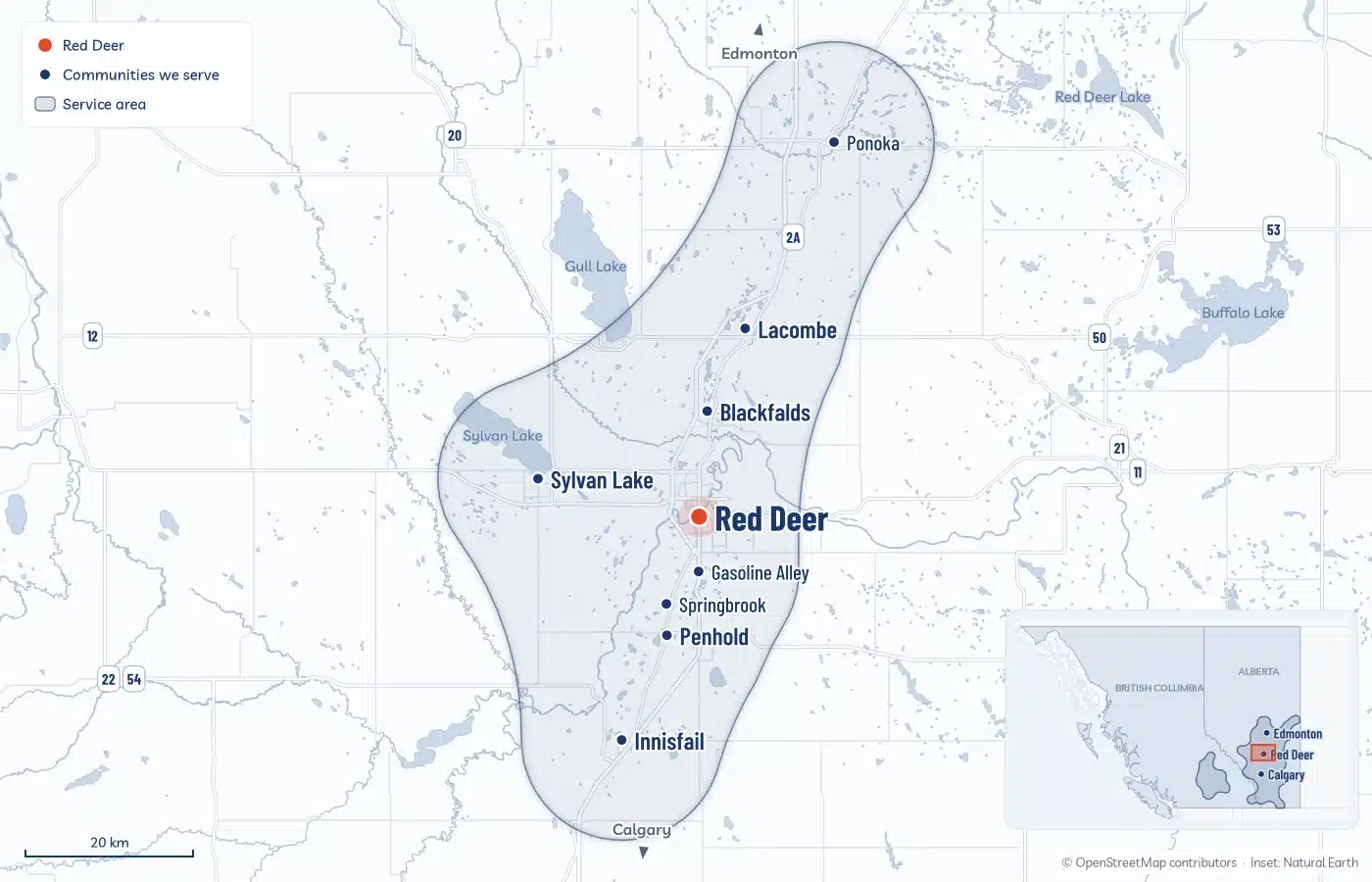 Map Of The Area Radoncare Serves Around Red Deer, From Ponoka, Lacombe And Blackfalds To Sylvan Lake, Penhold And Innisfail, With An Inset Of The Service Area Across Alberta And Bc