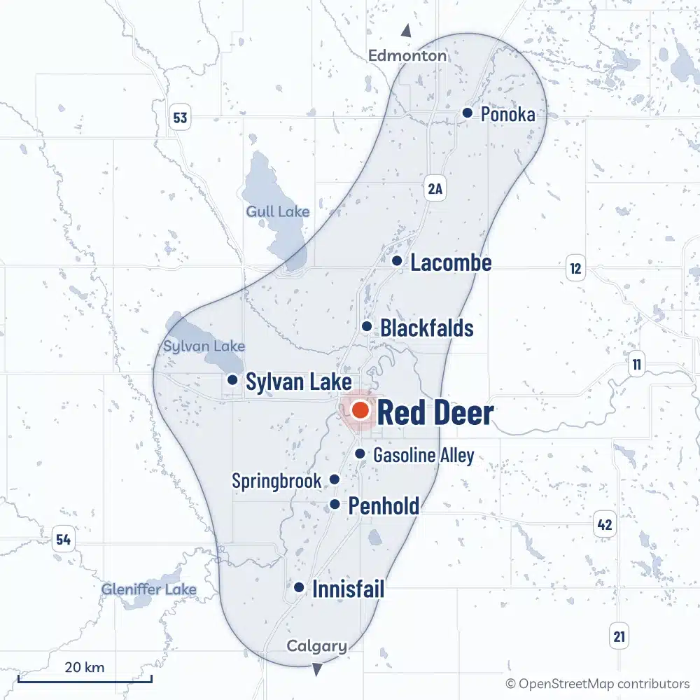Map Of The Area Radoncare Serves Around Red Deer, From Ponoka, Lacombe And Blackfalds To Sylvan Lake, Penhold And Innisfail, With An Inset Of The Service Area Across Alberta And Bc