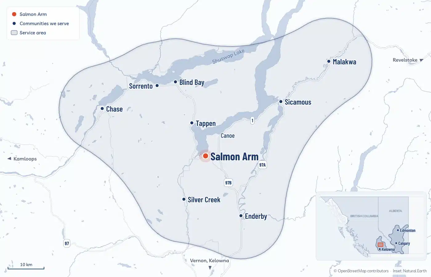 Map Of The Area Radoncare Serves Around Salmon Arm, From Chase To Malakwa And From Sorrento To Enderby, With An Inset Showing Where Radoncare Works Across Alberta And The Bc Interior