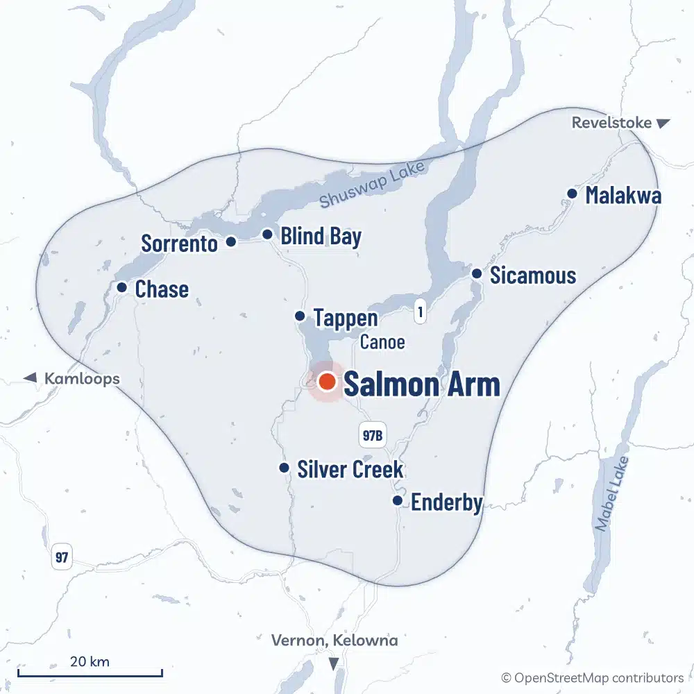 Map Of The Area Radoncare Serves Around Salmon Arm, From Chase To Malakwa And From Sorrento To Enderby, With An Inset Showing Radoncare'S Service Area Across Bc And Alberta
