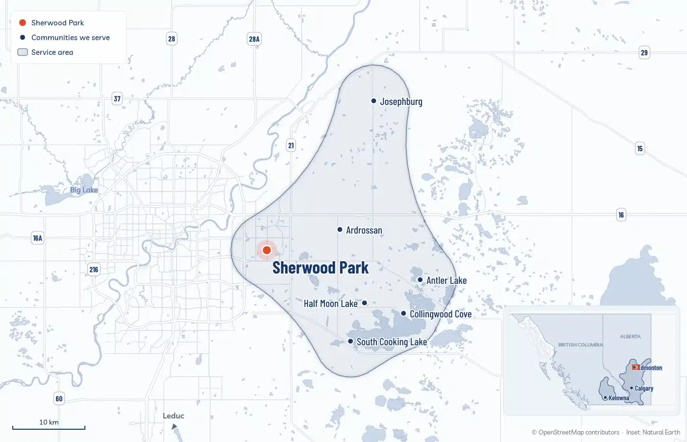 Map Of The Area Radoncare Serves Around Sherwood Park And Strathcona County, From Josephburg And Ardrossan To South Cooking Lake And Collingwood Cove, With An Inset Of Radoncare'S Service Area Across Alberta And Bc