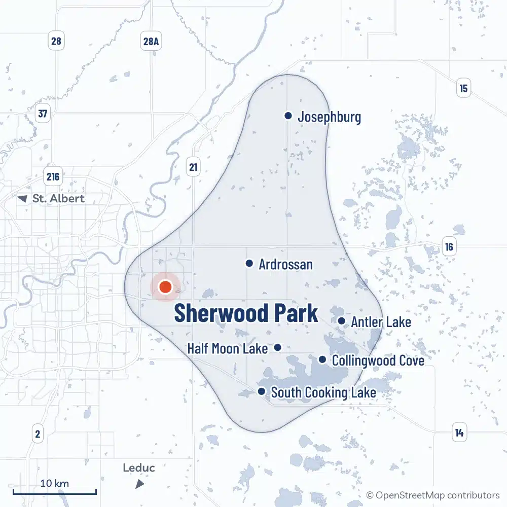 Map Of The Area Radoncare Serves Around Sherwood Park And Strathcona County, From Josephburg And Ardrossan To South Cooking Lake And Collingwood Cove, With An Inset Of Radoncare'S Service Area Across Alberta And Bc