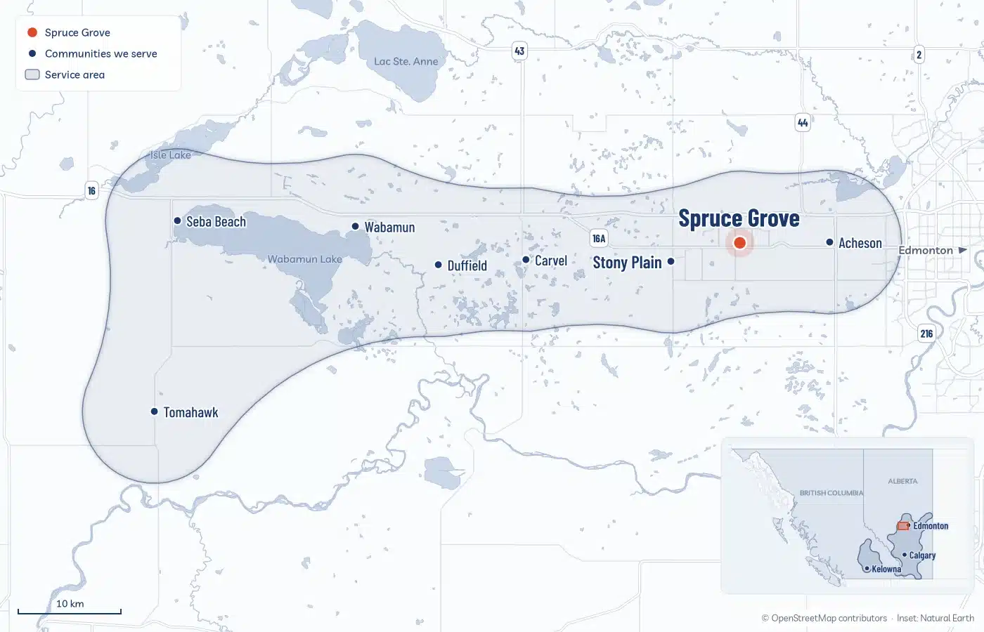Map Of The Area Radoncare Serves Around Spruce Grove, From Acheson West Through Stony Plain To Wabamun Lake, Seba Beach And Tomahawk, With An Inset Of The Service Area Across Alberta And Bc