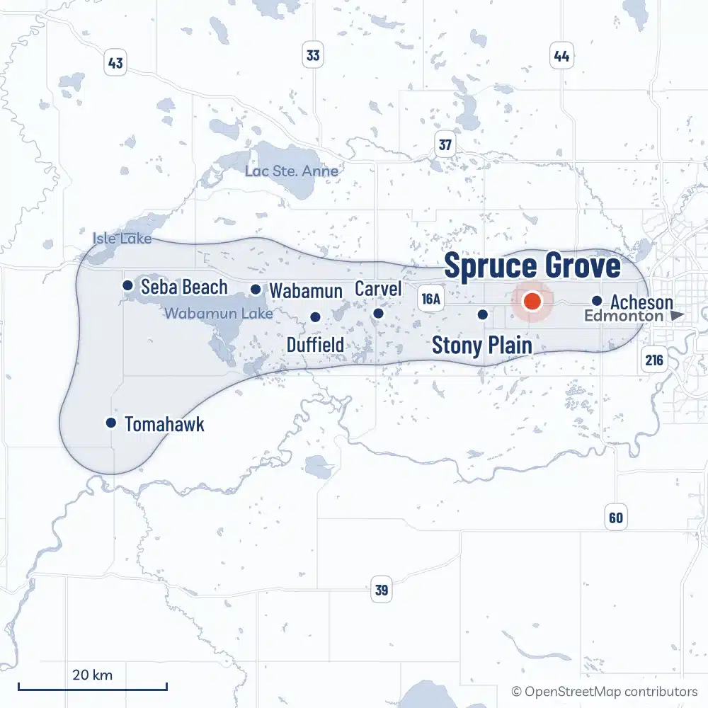 Map Of The Area Radoncare Serves Around Spruce Grove, From Acheson West Through Stony Plain To Wabamun Lake, Seba Beach And Tomahawk, With An Inset Of The Service Area Across Alberta And Bc