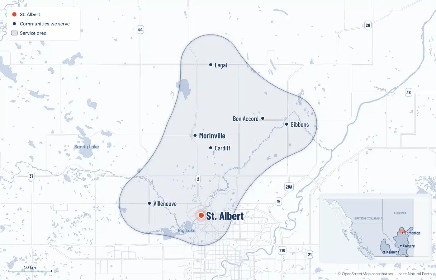 Map Of The Area Radoncare Serves Around St. Albert, From Morinville And Sturgeon County To The Edge Of Edmonton, With An Inset Of The Service Area Across Alberta And Bc