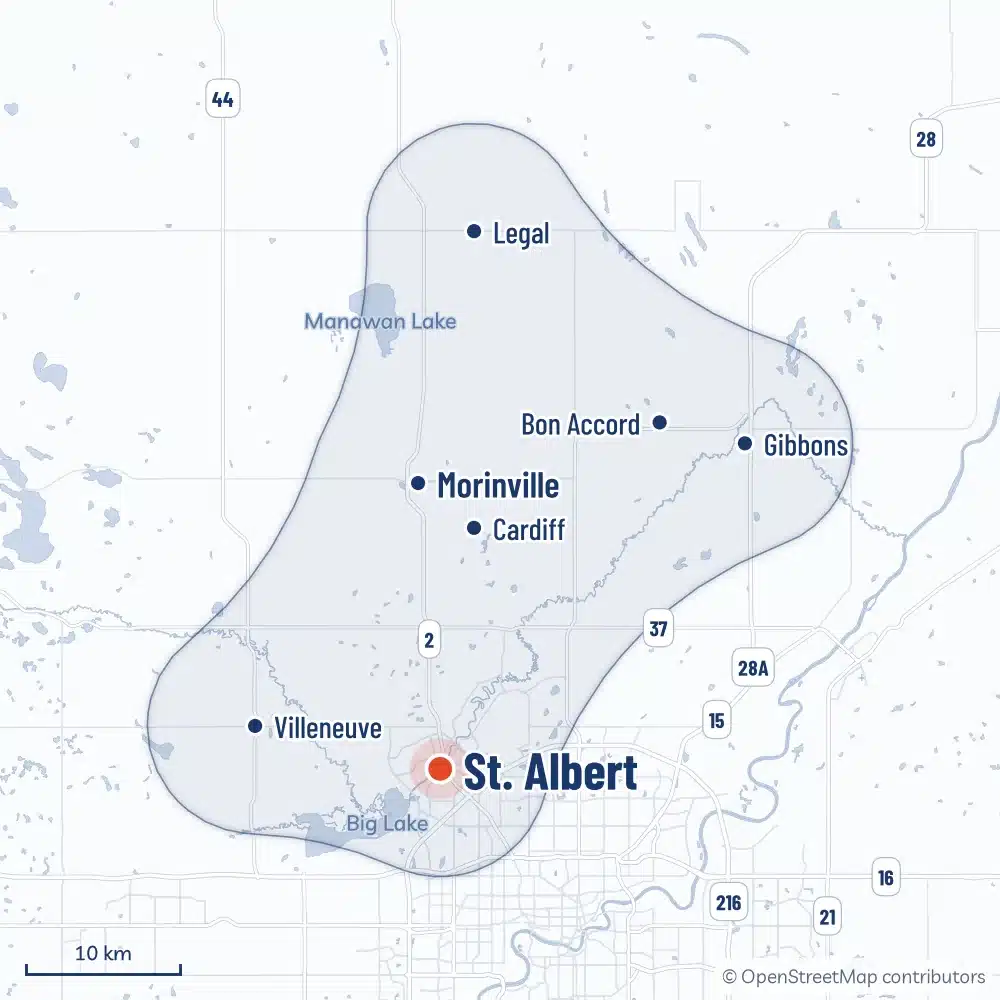 Map Of The Area Radoncare Serves Around St. Albert, From Morinville And Sturgeon County To The Edge Of Edmonton, With An Inset Of The Service Area Across Alberta And Bc