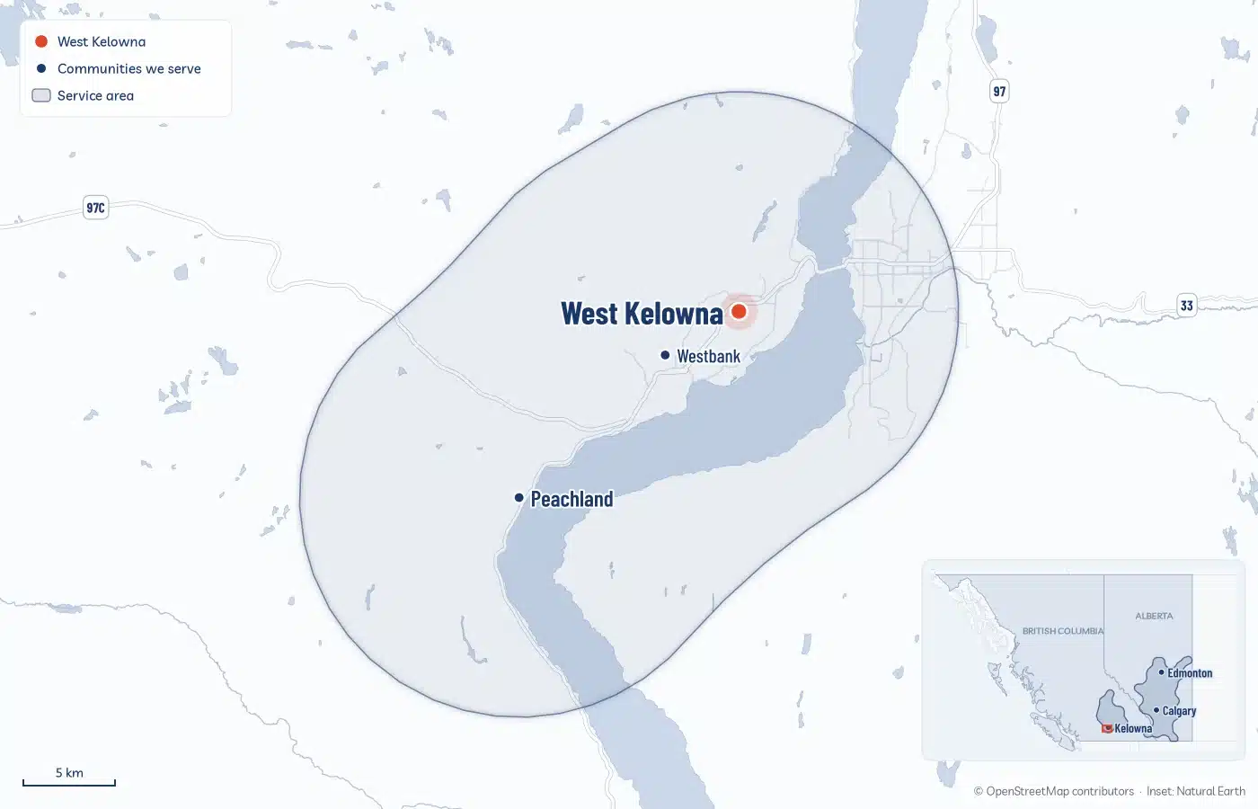 Map Of The Area Radoncare Serves Around West Kelowna, From Westbank To Peachland, With An Inset Of Radoncare'S Service Area Across Bc And Alberta