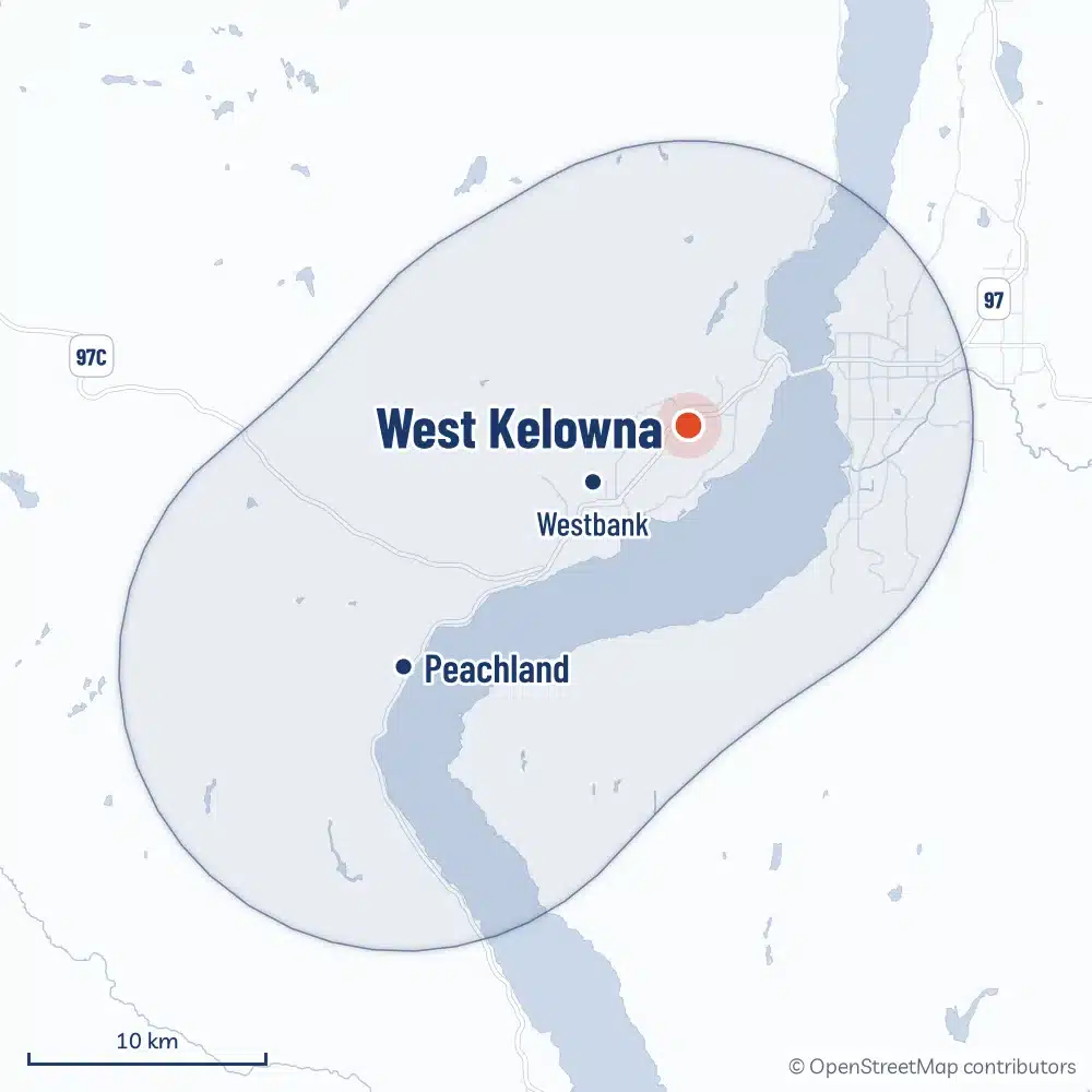 Map Of The Area Radoncare Serves Around West Kelowna, From Westbank To Peachland, With An Inset Of Radoncare'S Service Area Across Bc And Alberta